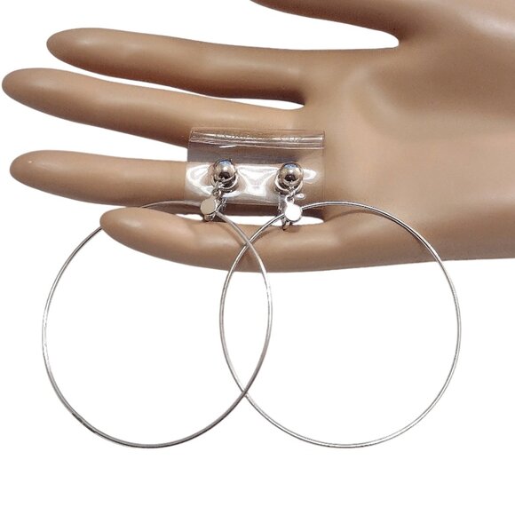 2 3/4" Thin Ring Long Hoops Clip On Earrings Silver Tone Vintage Extra Large - Picture 4 of 4